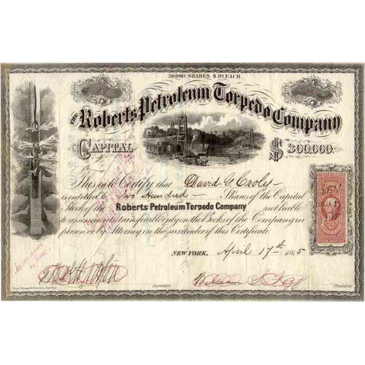 1865 Roberts Petroleum Torpedo Co Stock 1865 Roberts Petroleum Torpedo Co Stock
