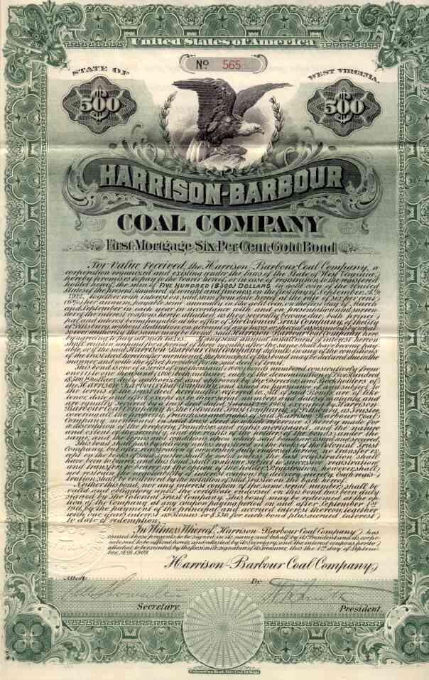 1909 Harrison-Barbour Coal Co Bond Certificate 1909 Harrison-Barbour Coal Co Bond Certificate