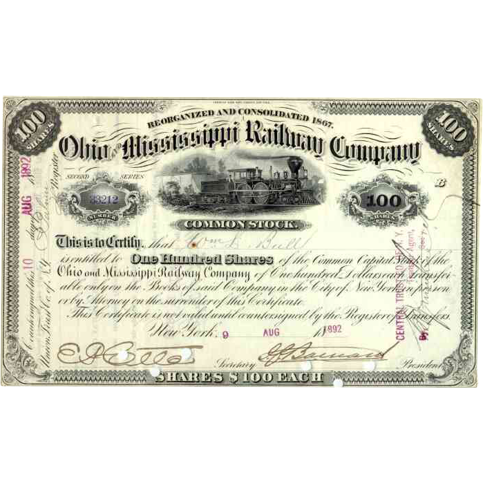1893 Ohio & Mississippi RW Stock 1893 Ohio & Mississippi RW Stock