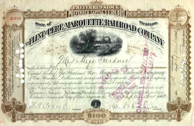 1882 Flint & Pere Marquette RR Stock 1882 Flint & Pere Marquette RR Stock