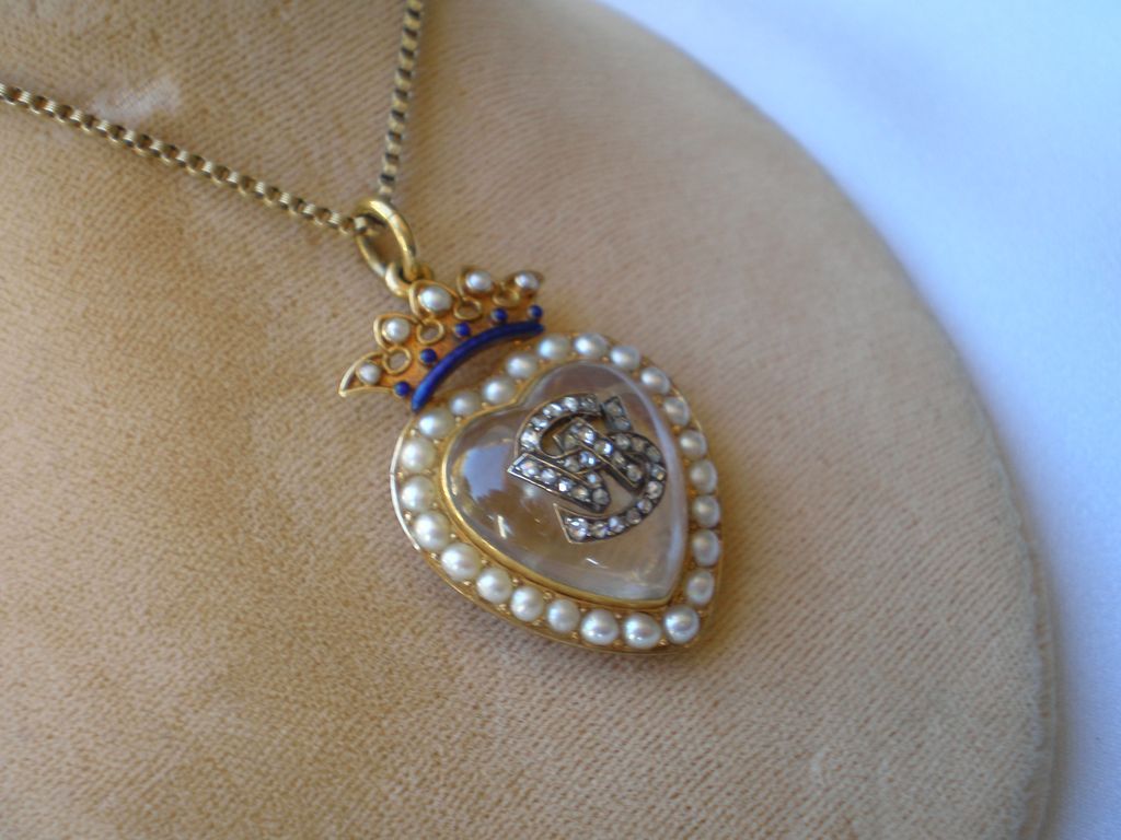Victorian Crystal Heart Locket , 15CT , Pearls, Rose-Cut Diamonds & Enamel Victorian Crystal Heart Locket , 15CT , Pearls, Rose-Cut Diamonds & Enamel