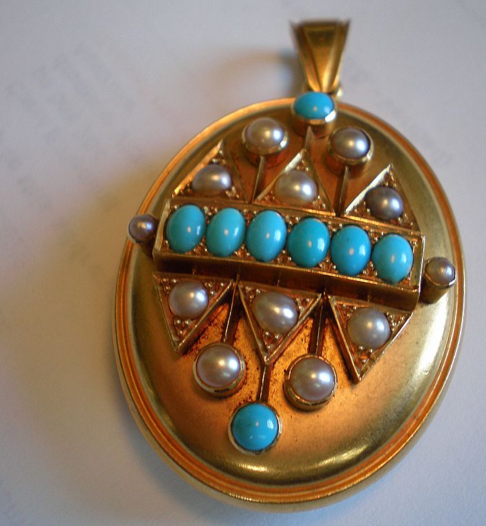 Antique Locket With Turquoise & Pearls, Set in 15-18K Gold, English, Circa 1870 Antique Locket With Turquoise & Pearls, Set in 15-18K Gold, English, Circa 1870
