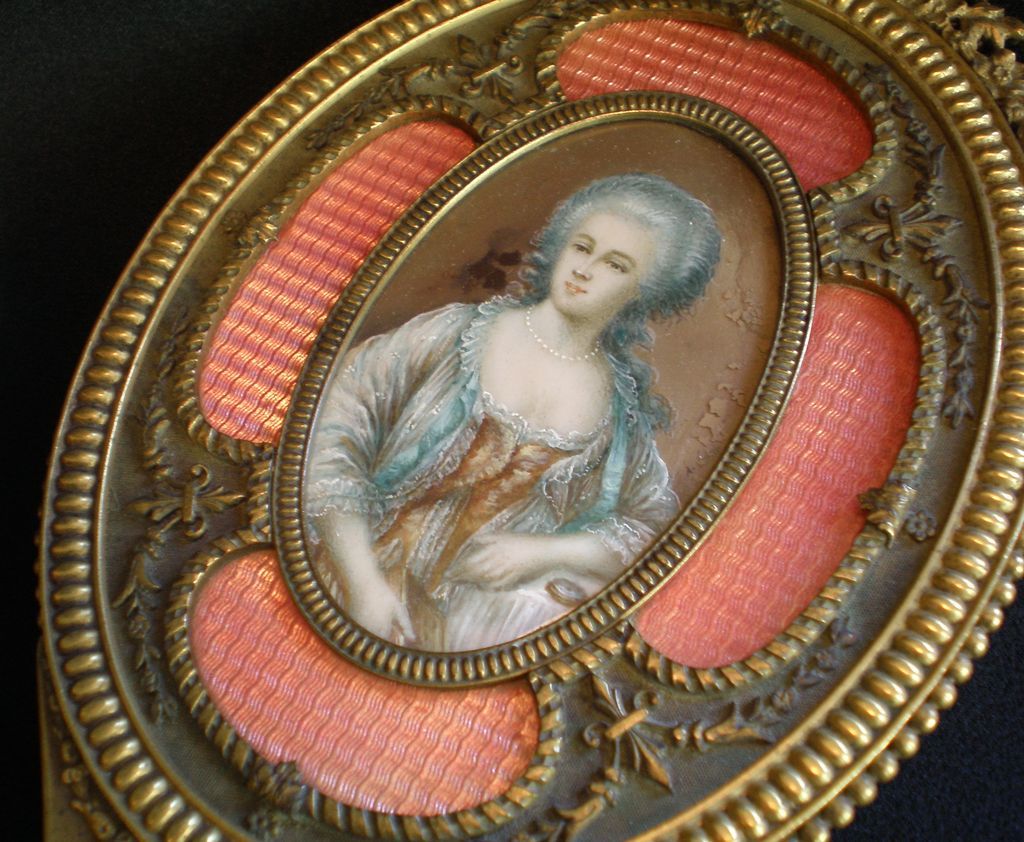 Antique , French Bronze Hand Mirror With Miniature & Enamel Antique , French Bronze Hand Mirror With Miniature & Enamel