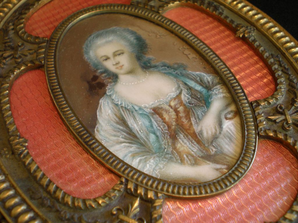 Antique , French Bronze Hand Mirror With Miniature & Enamel Antique , French Bronze Hand Mirror With Miniature & Enamel