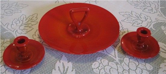 Northwood Chinese Coral Tidbit Tray and Candle Holder Set Northwood Chinese Coral Tidbit Tray and Candle Holder Set