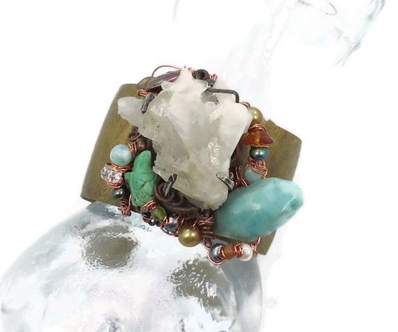 Quartz crystal & beaded cuff bracelet - Mermaid Treasure - Pearls aquamarine - Forged brass - InVintageHeaven Quartz crystal & beaded cuff bracelet - Mermaid Treasure - Pearls aquamarine - Forged brass - InVintageHeaven