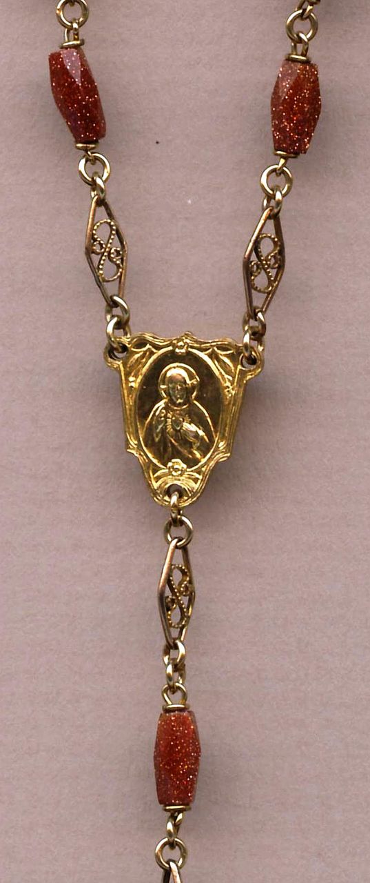 Brilliant Goldstone / Aventurine Glass & Gilded Brass Rosary – Fancy Spacers – Hallmarked Brilliant Goldstone / Aventurine Glass & Gilded Brass Rosary – Fancy Spacers – Hallmarked