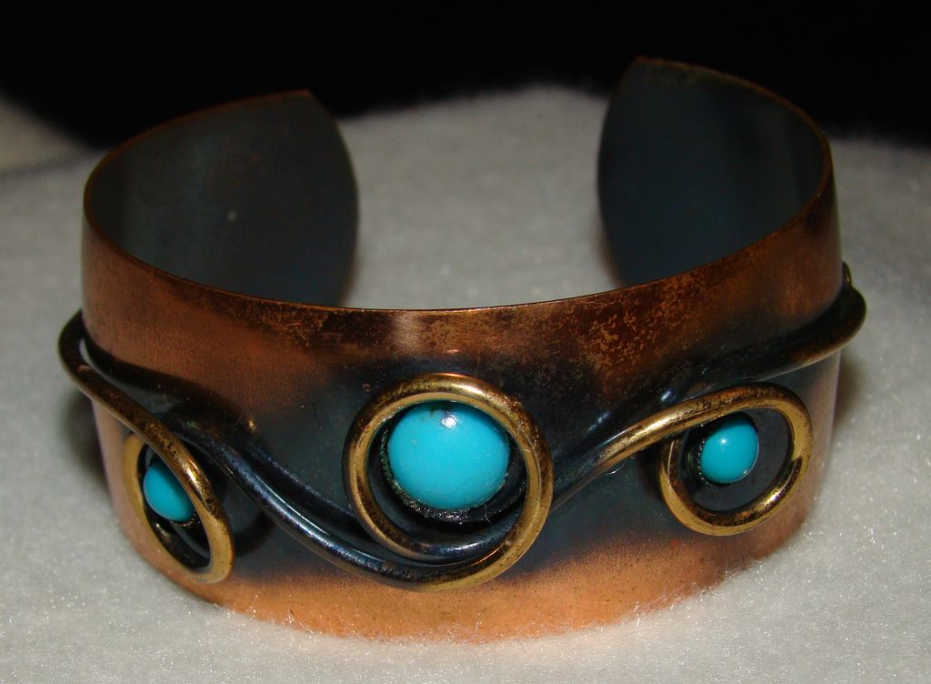Genuine Copper and Faux Turquoise Ornate Cuff Bracelet Genuine Copper and Faux Turquoise Ornate Cuff Bracelet