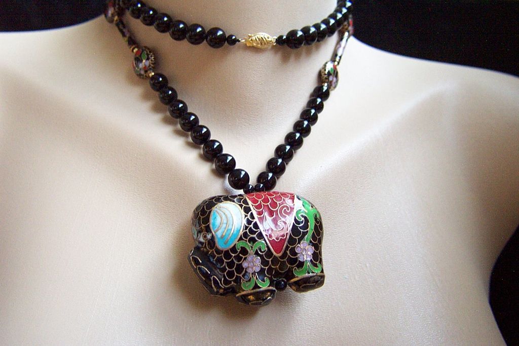 Stunning vintage 14K black jade or onyx Cloisonne enamel elephant from