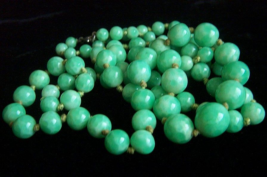 A beautiful long flapper jade green Peking glass bead necklace 35" from
