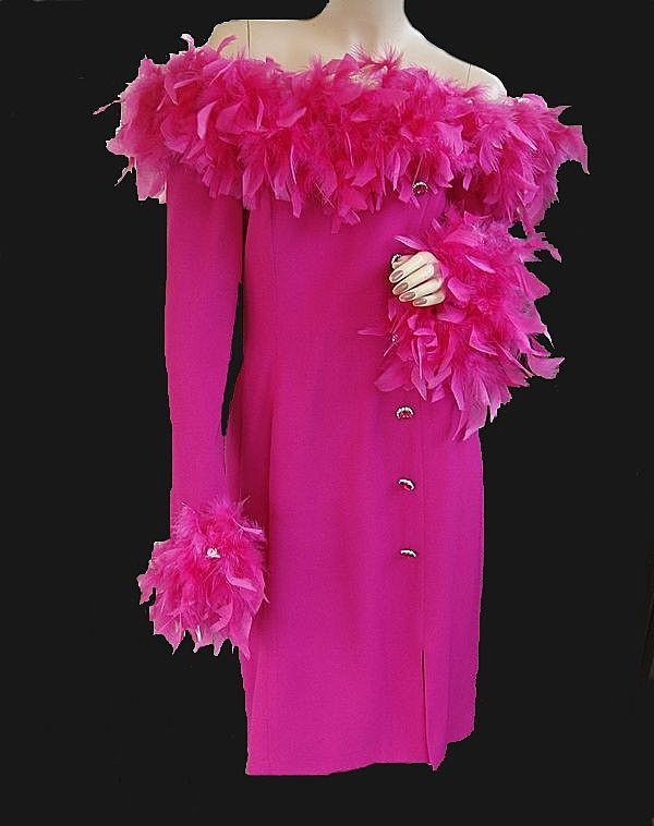 Vintage Off Shoulder Feather Dress Fuchsia Rhinestones