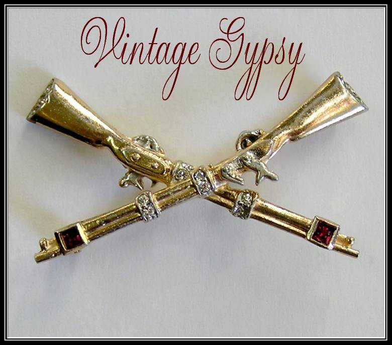 Vintage Signed Trifari Sterling Crossed Rifles Broochwith Glass Stones Vintage Signed Trifari Sterling Crossed Rifles Broochwith Glass Stones