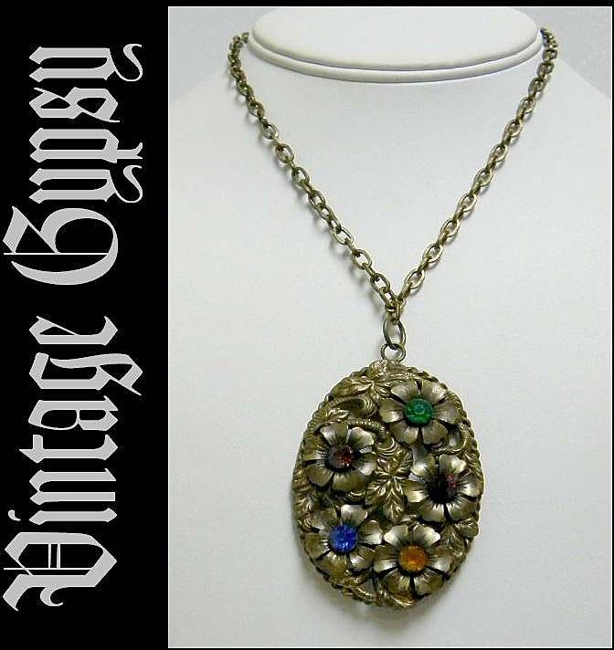 Huge Medallion Necklace on 24" Chain with Glass Stones Huge Medallion Necklace on 24" Chain with Glass Stones
