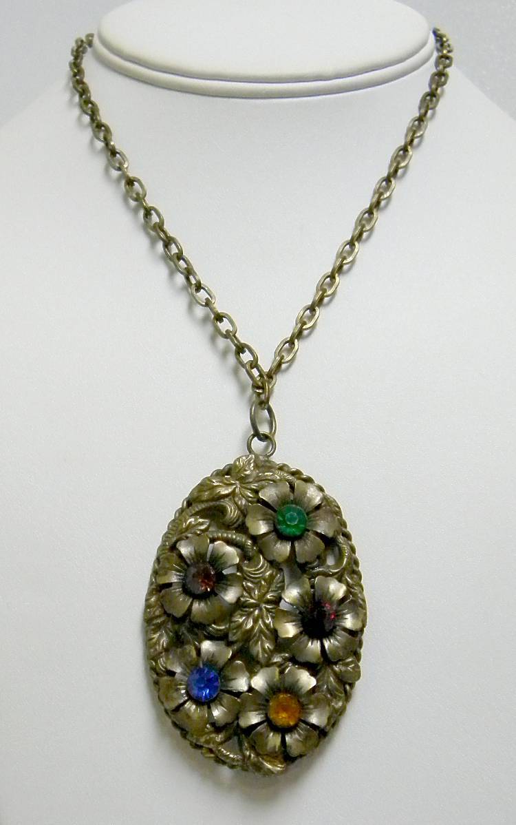 Huge Medallion Necklace on 24" Chain with Glass Stones Huge Medallion Necklace on 24" Chain with Glass Stones