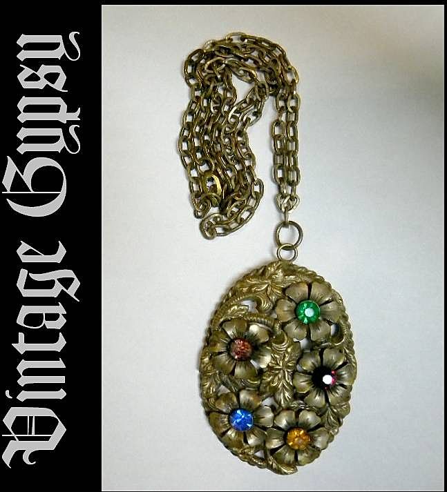Huge Medallion Necklace on 24" Chain with Glass Stones Huge Medallion Necklace on 24" Chain with Glass Stones
