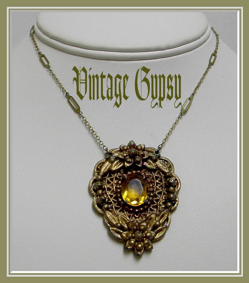 Fabulous Layered Pot Metal Necklace on 14KT GF Chain with Gold Glass Stone Fabulous Layered Pot Metal Necklace on 14KT GF Chain with Gold Glass Stone