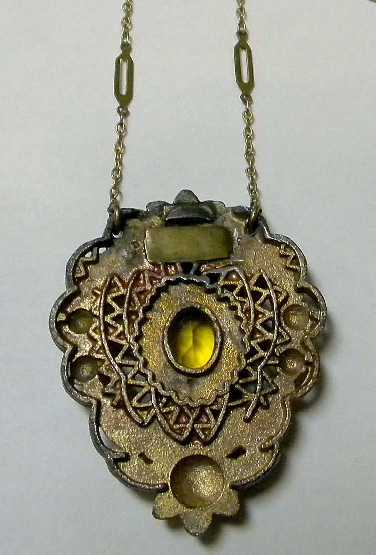 Fabulous Layered Pot Metal Necklace on 14KT GF Chain with Gold Glass Stone Fabulous Layered Pot Metal Necklace on 14KT GF Chain with Gold Glass Stone