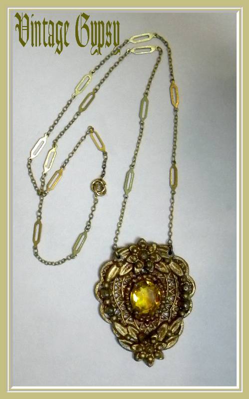 Fabulous Layered Pot Metal Necklace on 14KT GF Chain with Gold Glass Stone Fabulous Layered Pot Metal Necklace on 14KT GF Chain with Gold Glass Stone