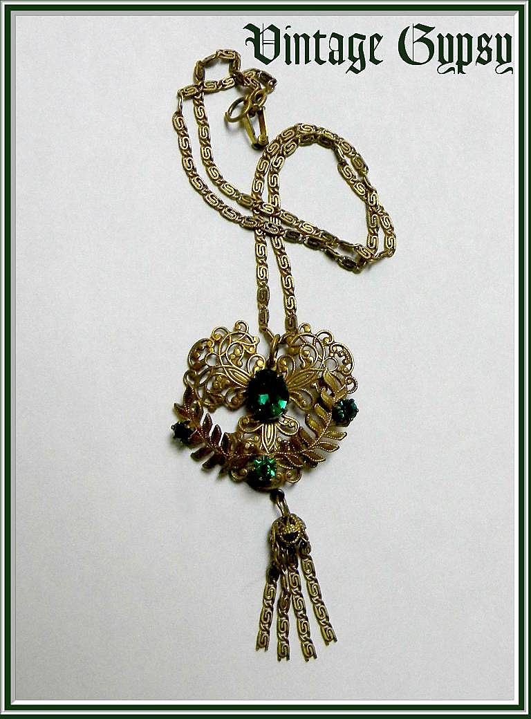 Early 1900's Intricate Brass Necklace with Dark Green Glass Stones Early 1900's Intricate Brass Necklace with Dark Green Glass Stones