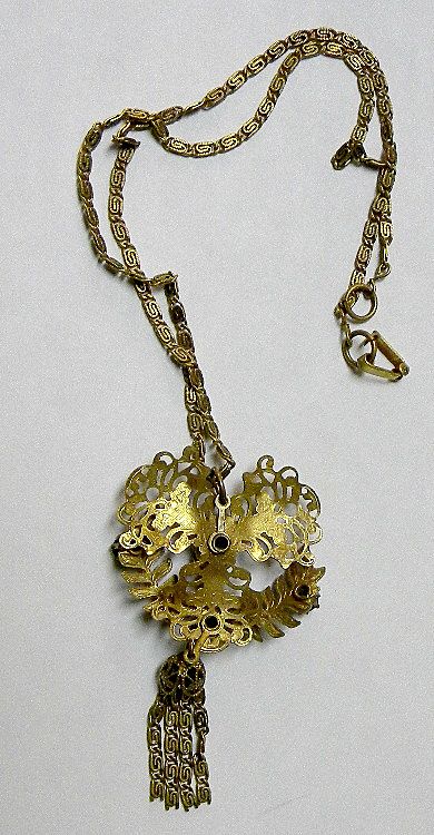 Early 1900's Intricate Brass Necklace with Dark Green Glass Stones Early 1900's Intricate Brass Necklace with Dark Green Glass Stones