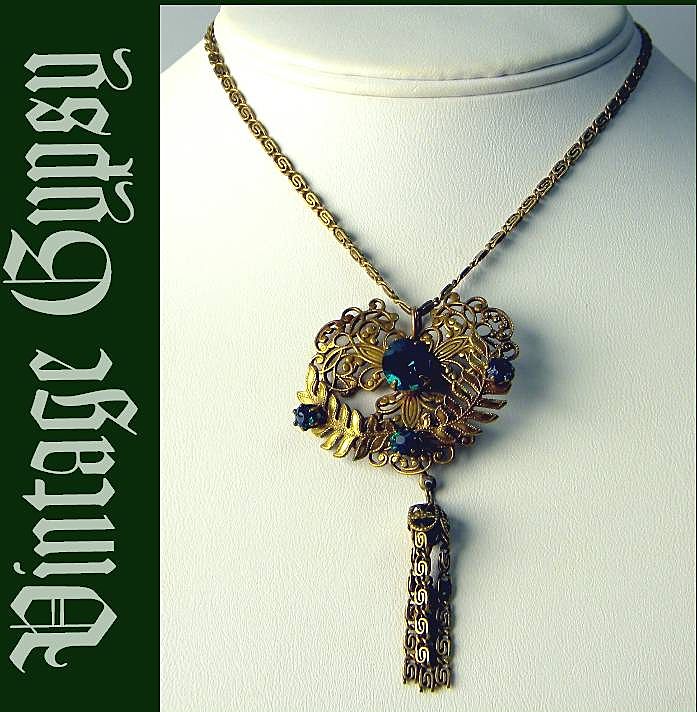 Early 1900's Intricate Brass Necklace with Dark Green Glass Stones Early 1900's Intricate Brass Necklace with Dark Green Glass Stones
