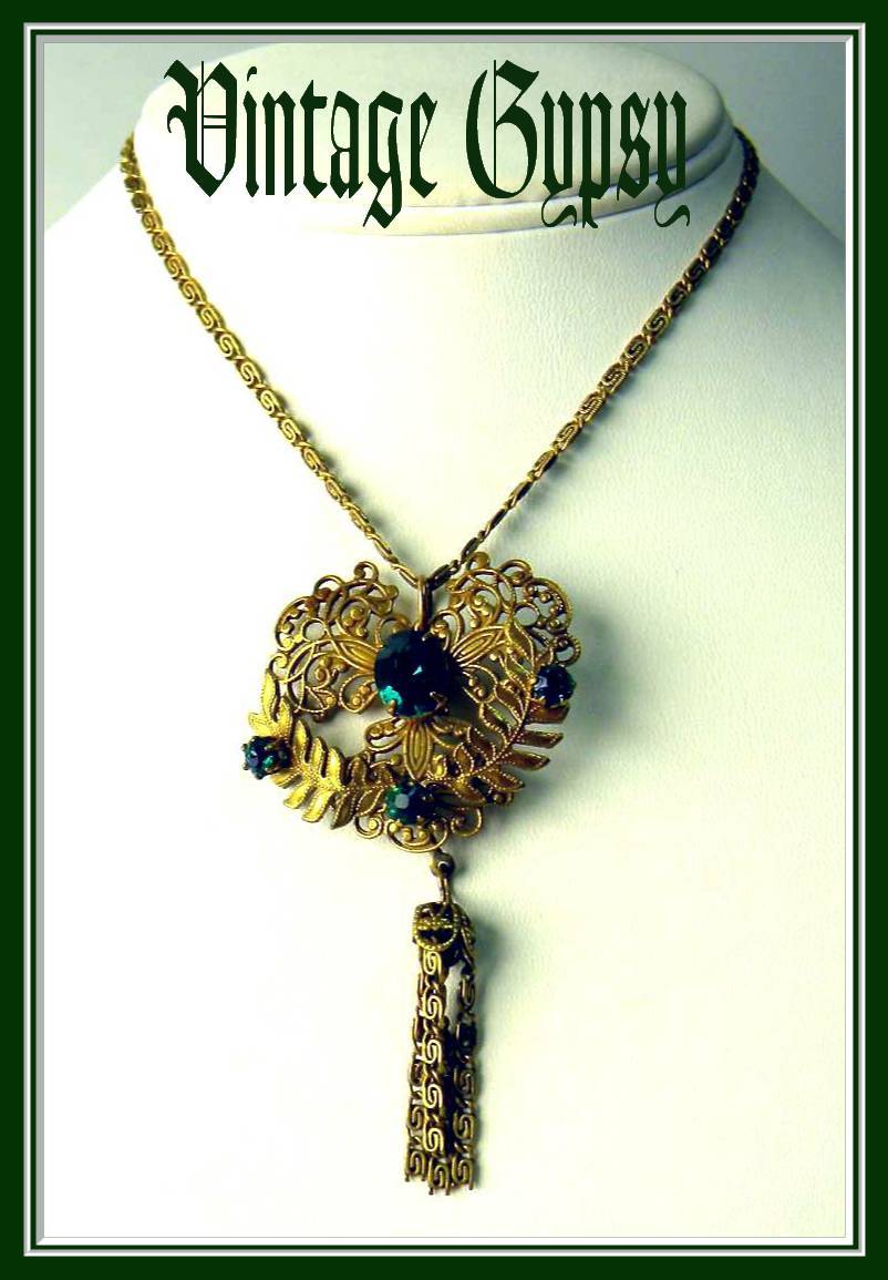 Early 1900's Intricate Brass Necklace with Dark Green Glass Stones Early 1900's Intricate Brass Necklace with Dark Green Glass Stones