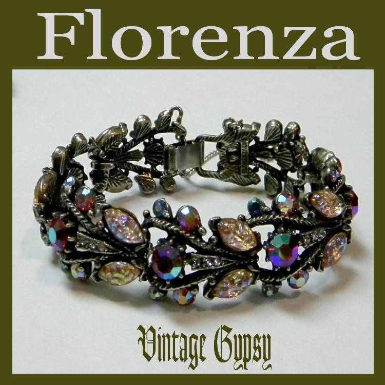 Florenza Signed Rhinestones & Poured Glass Link Bracelet Florenza Signed Rhinestones & Poured Glass Link Bracelet