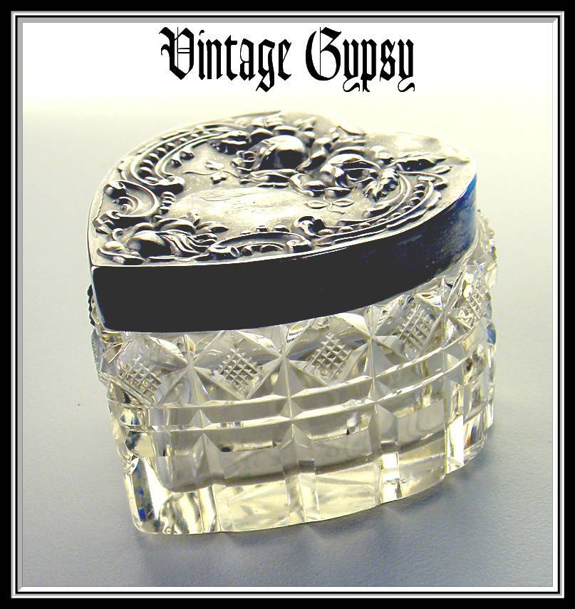Hand Cut Glass Trinket or Jewelry Box with Decorative Sterling Silver Lid Hand Cut Glass Trinket or Jewelry Box with Decorative Sterling Silver Lid