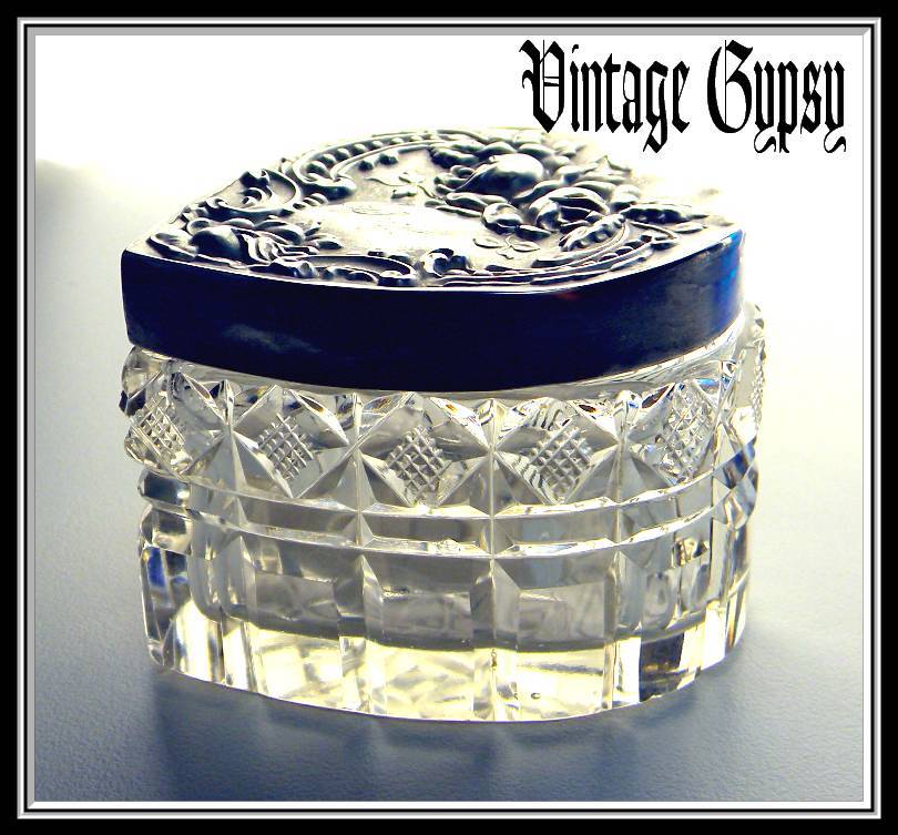 Hand Cut Glass Trinket or Jewelry Box with Decorative Sterling Silver Lid Hand Cut Glass Trinket or Jewelry Box with Decorative Sterling Silver Lid