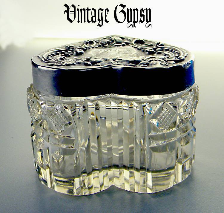 Hand Cut Glass Trinket or Jewelry Box with Decorative Sterling Silver Lid Hand Cut Glass Trinket or Jewelry Box with Decorative Sterling Silver Lid