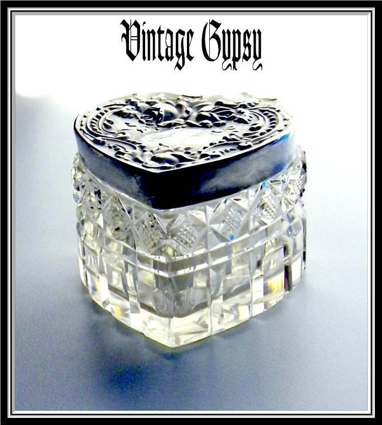 Hand Cut Glass Trinket or Jewelry Box with Decorative Sterling Silver Lid Hand Cut Glass Trinket or Jewelry Box with Decorative Sterling Silver Lid