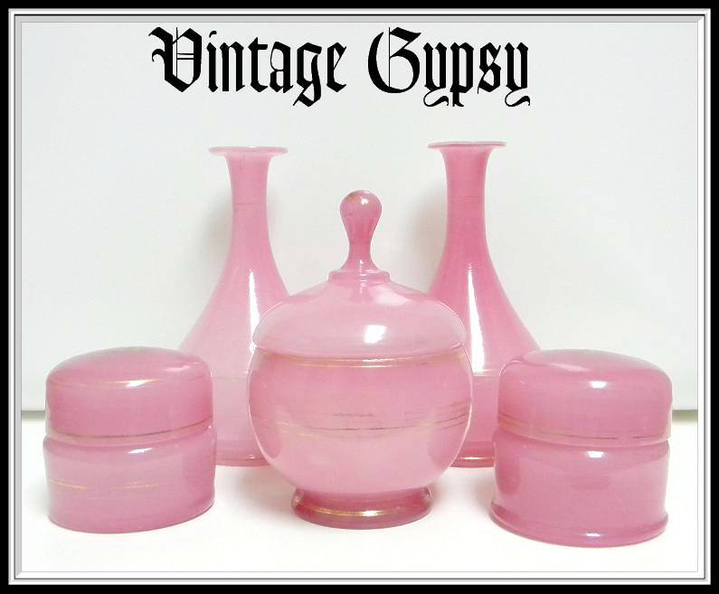 Nine Piece Opaline Glass Vanity Dresser Set and Swans Down Powder Puff Nine Piece Opaline Glass Vanity Dresser Set and Swans Down Powder Puff
