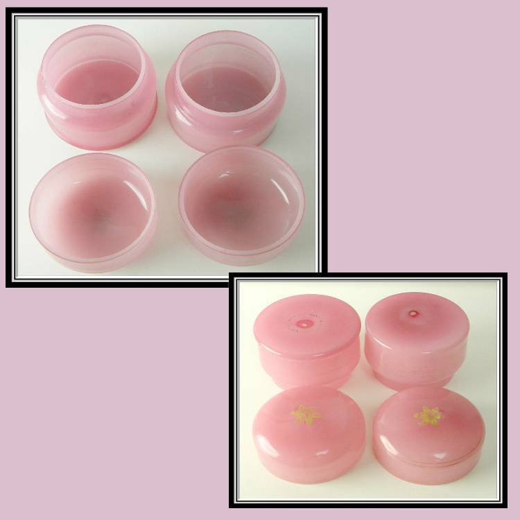 Nine Piece Opaline Glass Vanity Dresser Set and Swans Down Powder Puff Nine Piece Opaline Glass Vanity Dresser Set and Swans Down Powder Puff