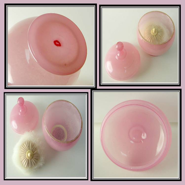 Nine Piece Opaline Glass Vanity Dresser Set and Swans Down Powder Puff Nine Piece Opaline Glass Vanity Dresser Set and Swans Down Powder Puff