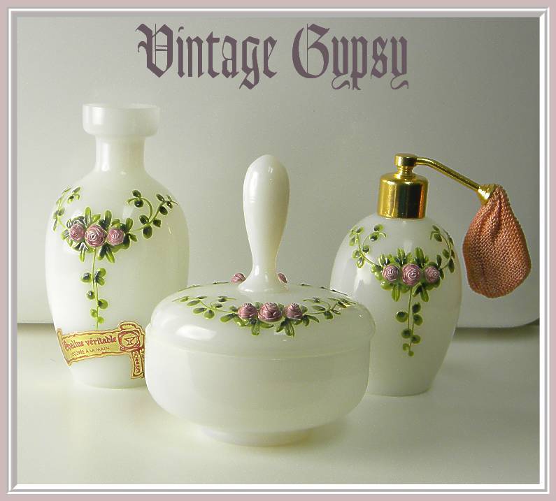 Pierre Schneider French Opaline Glass Three Piece Vanity Dresser Set Pierre Schneider French Opaline Glass Three Piece Vanity Dresser Set