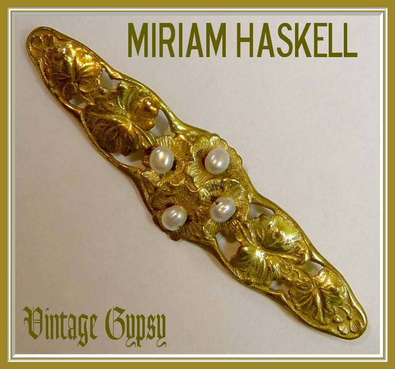 Signed Miriam Haskell Fabulous Ornate Bar Pin with Cultured Pearls Signed Miriam Haskell Fabulous Ornate Bar Pin with Cultured Pearls