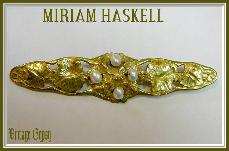 Signed Miriam Haskell Fabulous Ornate Bar Pin with Cultured Pearls Signed Miriam Haskell Fabulous Ornate Bar Pin with Cultured Pearls