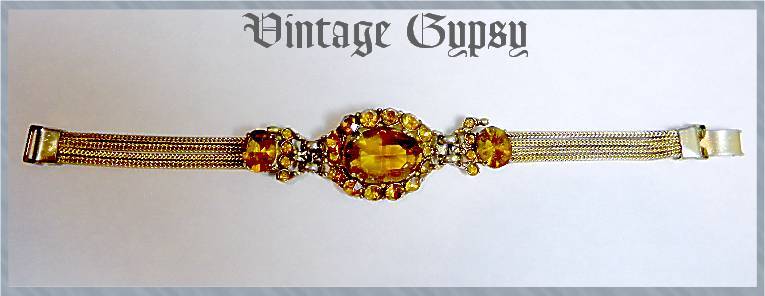 Vintage Eye-Catching Amber Glass & Rhinestone Bracelet Vintage Eye-Catching Amber Glass & Rhinestone Bracelet