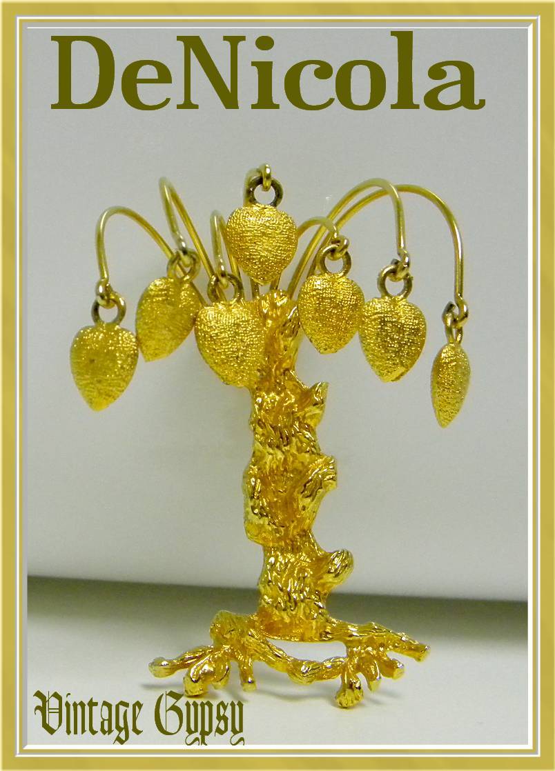 Signed De Nicola 3-D Tree Pin With Branches of Dangling Hearts Signed De Nicola 3-D Tree Pin With Branches of Dangling Hearts