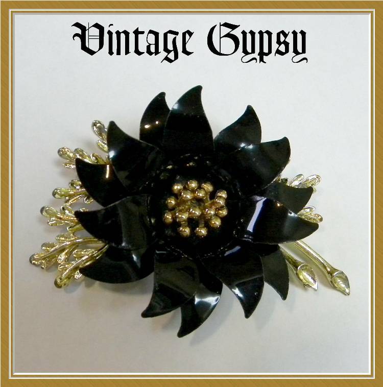 Large Signed Coro Black Flower Brooch Large Signed Coro Black Flower Brooch