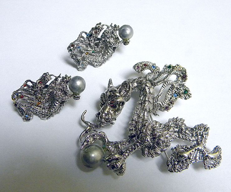 RARE 1964 CYVRA for Oleg Cassini Dragon Brooch & Matching Earrings RARE 1964 CYVRA for Oleg Cassini Dragon Brooch & Matching Earrings