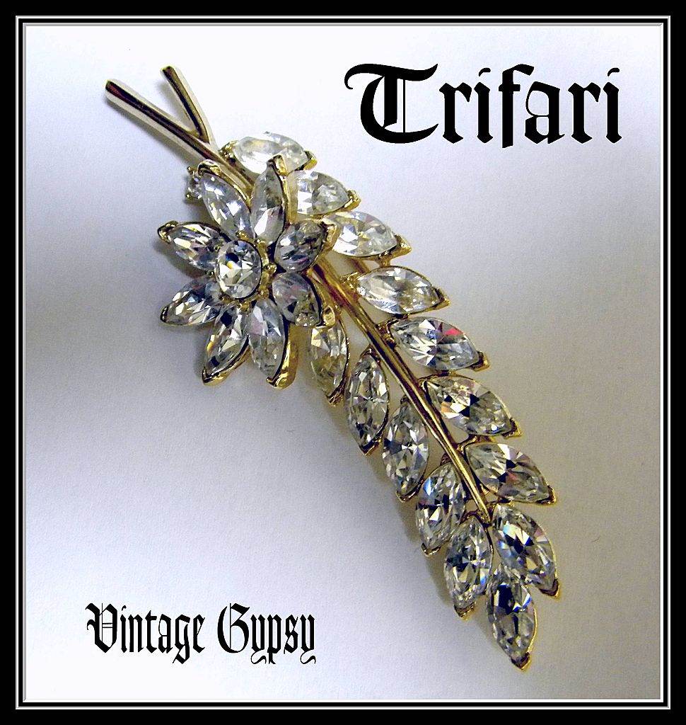 Trifari Brilliant Floral Spray Rhinestone Brooch, c. 1970's Trifari Brilliant Floral Spray Rhinestone Brooch, c. 1970's