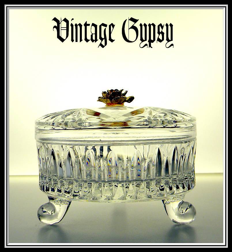 Brilliant Footed Pattern Glass Vintage Covered Powder Jar Brilliant Footed Pattern Glass Vintage Covered Powder Jar