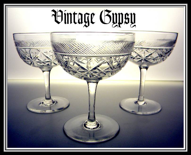 Signed English Set of Three Hand Cut Crystal Champagne or Tall Sherbets Signed English Set of Three Hand Cut Crystal Champagne or Tall Sherbets