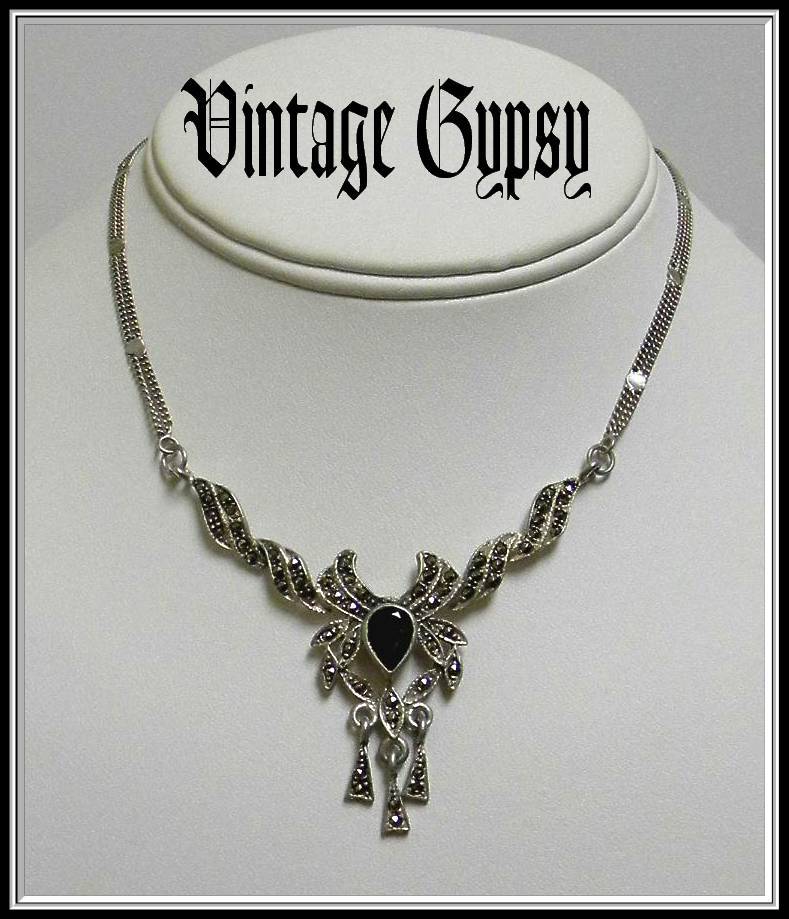 Vintage Sterling Silver Marcasite Drop Necklace Vintage Sterling Silver Marcasite Drop Necklace