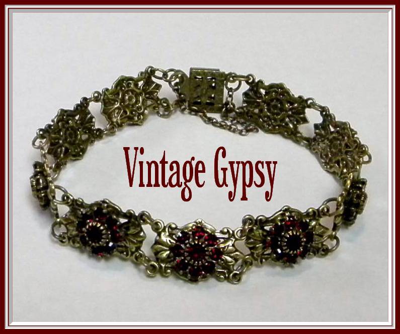 Lovely 1970's Victorian Inspired Red Rhinestone Bracelet Lovely 1970's Victorian Inspired Red Rhinestone Bracelet