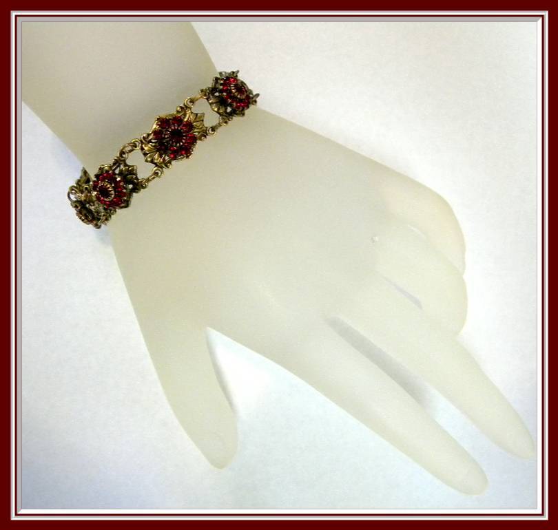Lovely 1970's Victorian Inspired Red Rhinestone Bracelet Lovely 1970's Victorian Inspired Red Rhinestone Bracelet