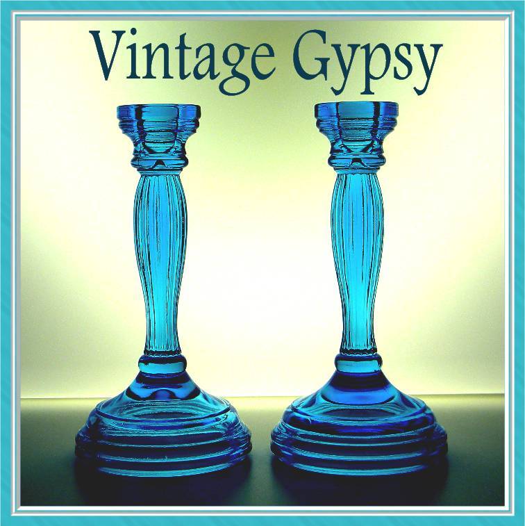 Vintage Brilliant Blue Pressed Glass Candle Holders Vintage Brilliant Blue Pressed Glass Candle Holders