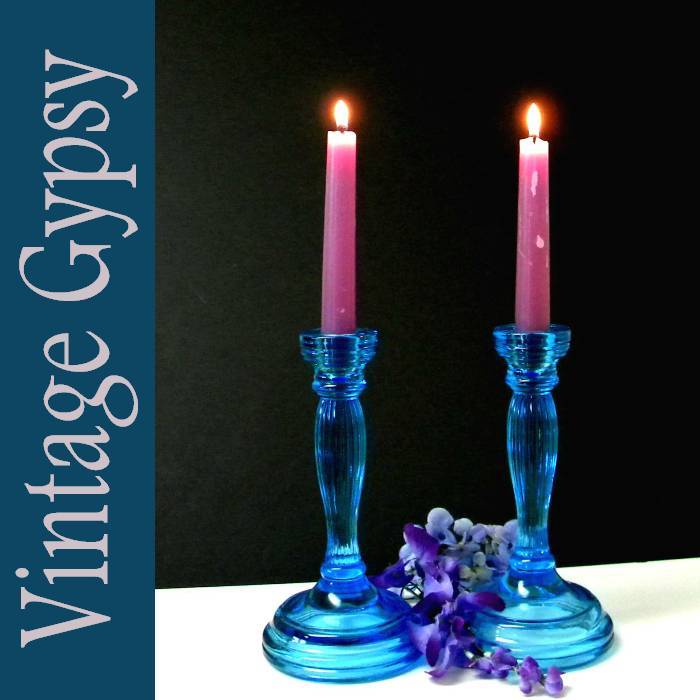 Vintage Brilliant Blue Pressed Glass Candle Holders Vintage Brilliant Blue Pressed Glass Candle Holders