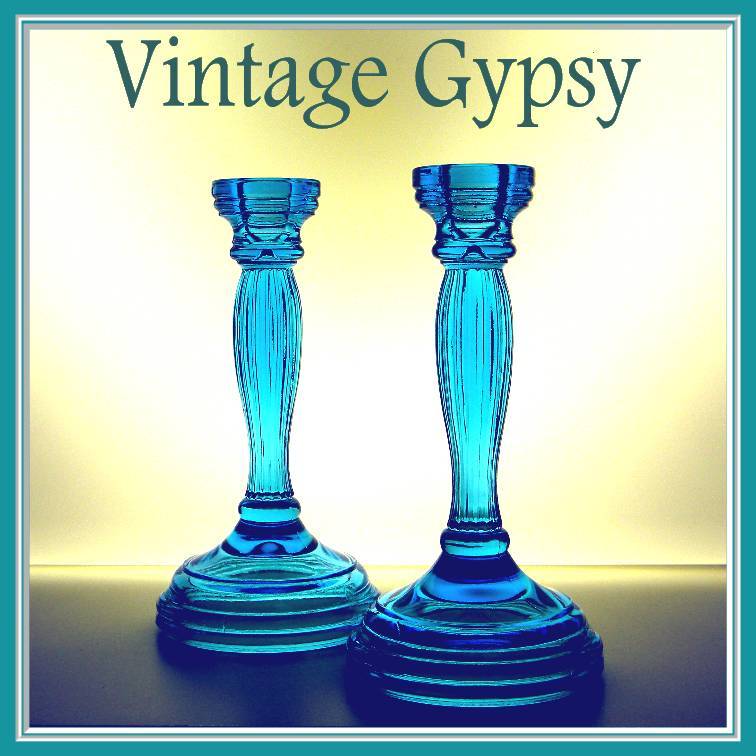 Vintage Brilliant Blue Pressed Glass Candle Holders Vintage Brilliant Blue Pressed Glass Candle Holders